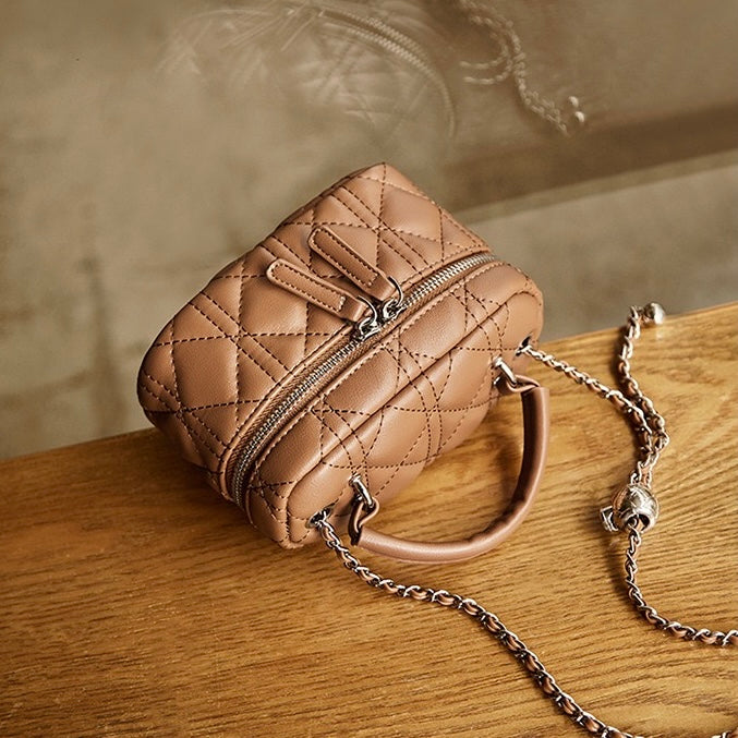 Elegant Genuine Leather Mini Bucket Bag with Gold Chain Strap