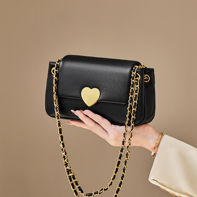 Elegant Genuine Leather Heart-Buckle Shoulder Bag