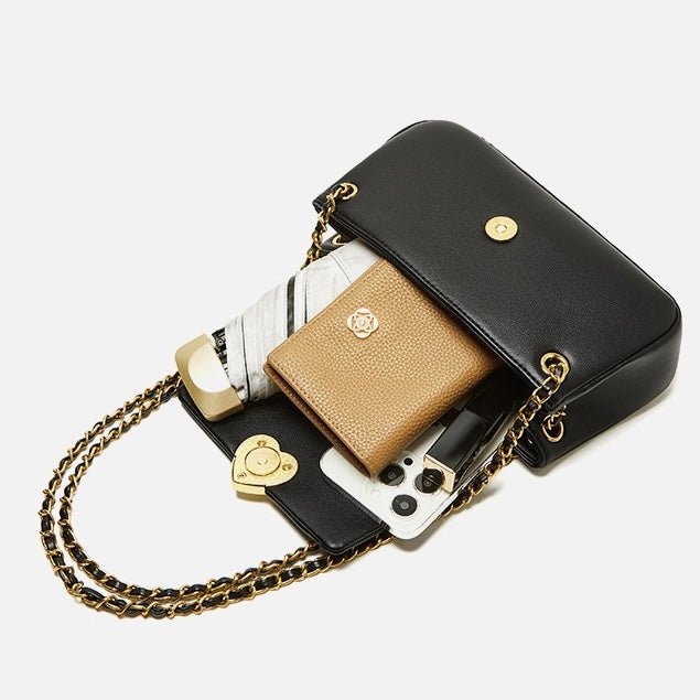 Elegant Genuine Leather Heart-Buckle Shoulder Bag