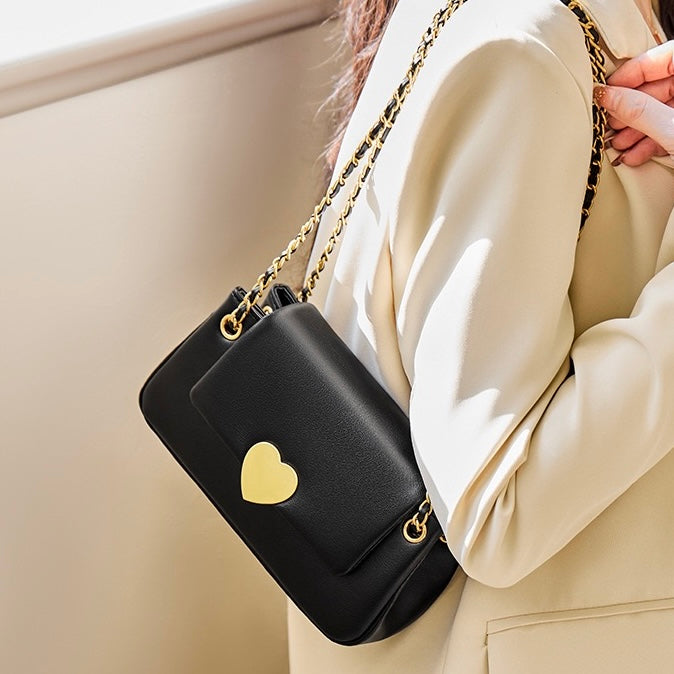 Elegant Genuine Leather Heart-Buckle Shoulder Bag