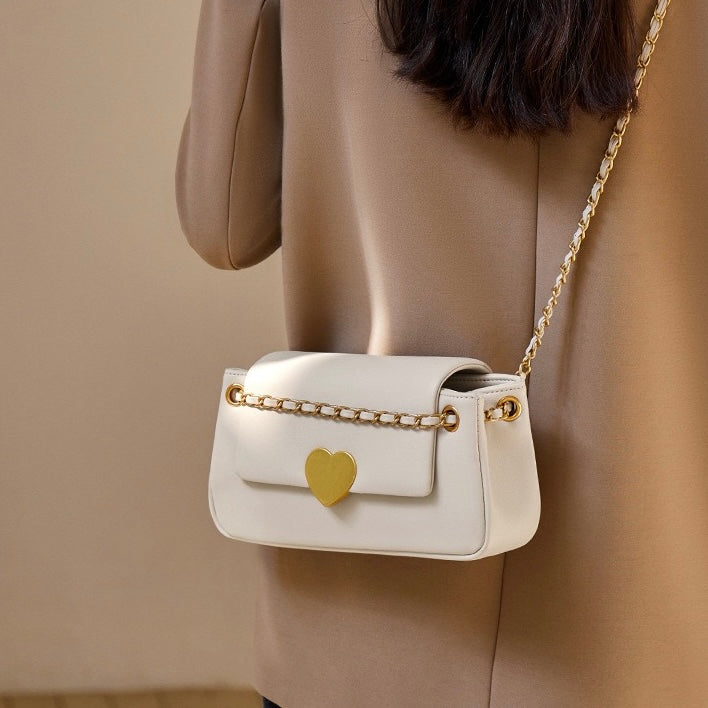 Elegant Genuine Leather Heart-Buckle Shoulder Bag