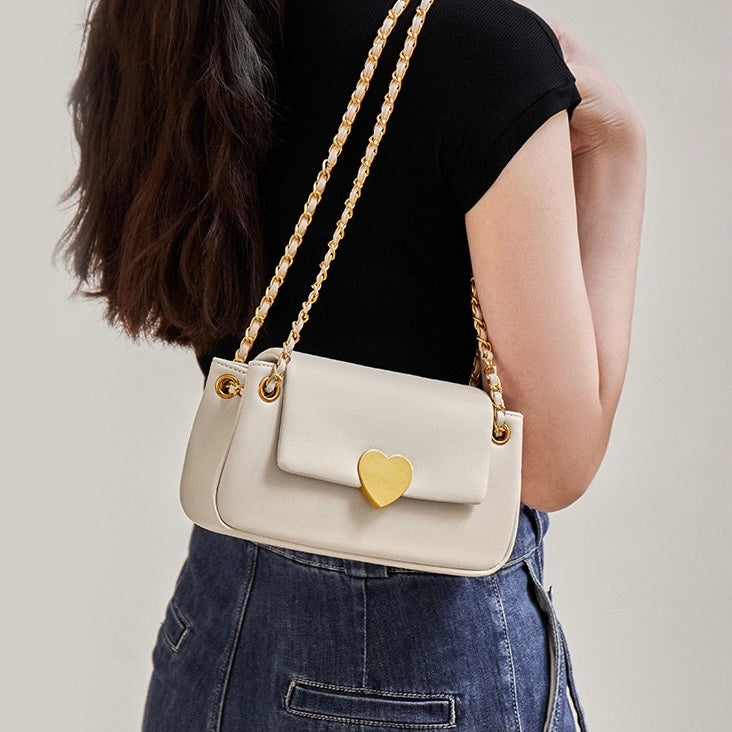 Elegant Genuine Leather Heart-Buckle Shoulder Bag