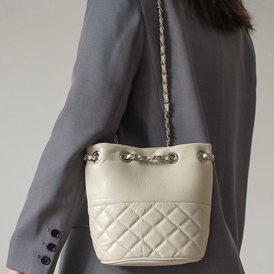 Quilted Genuine Leather Chain Bucket Bag for Elevated Style