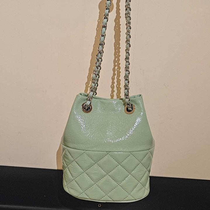 Quilted Genuine Leather Chain Bucket Bag for Elevated Style