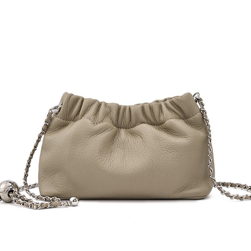 Luxury Cloud Pleated Genuine Leather Shoulder Bag with Golden Ball Chain