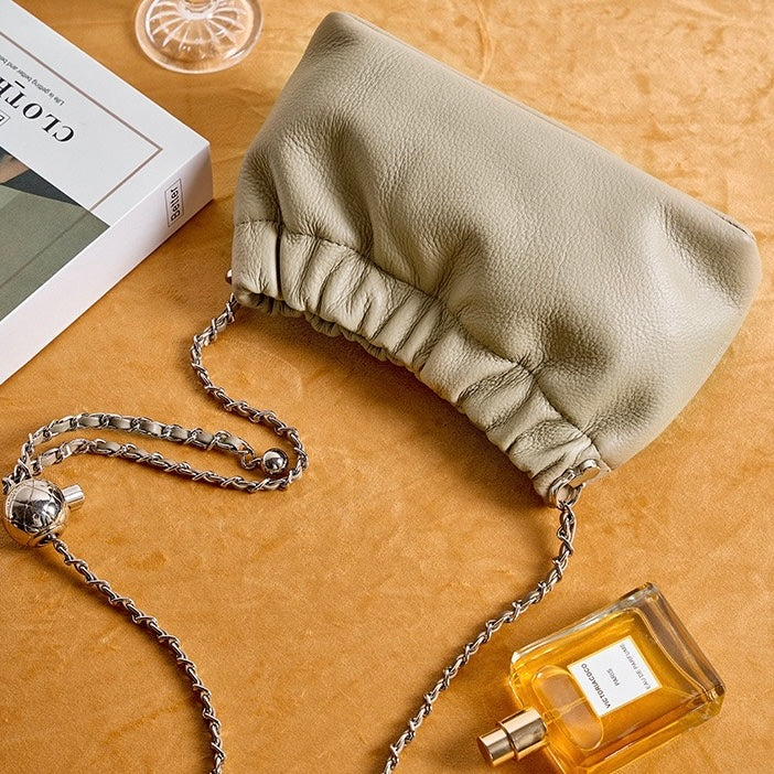 Luxury Cloud Pleated Genuine Leather Shoulder Bag with Golden Ball Chain