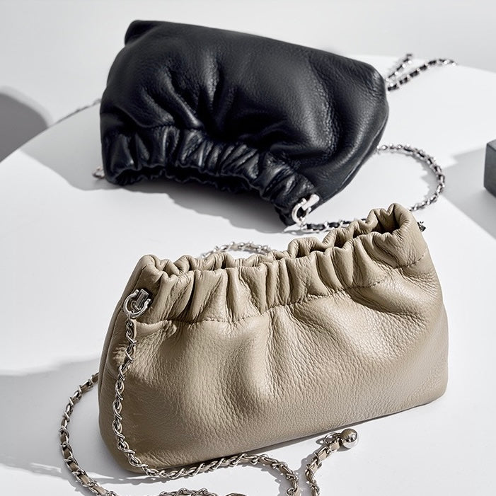 Luxury Cloud Pleated Genuine Leather Shoulder Bag with Golden Ball Chain
