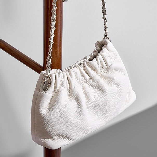 Luxury Cloud Pleated Genuine Leather Shoulder Bag with Golden Ball Chain
