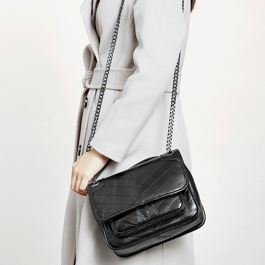 Chic Genuine Leather Chain Detail Large Capacity Messenger Bag