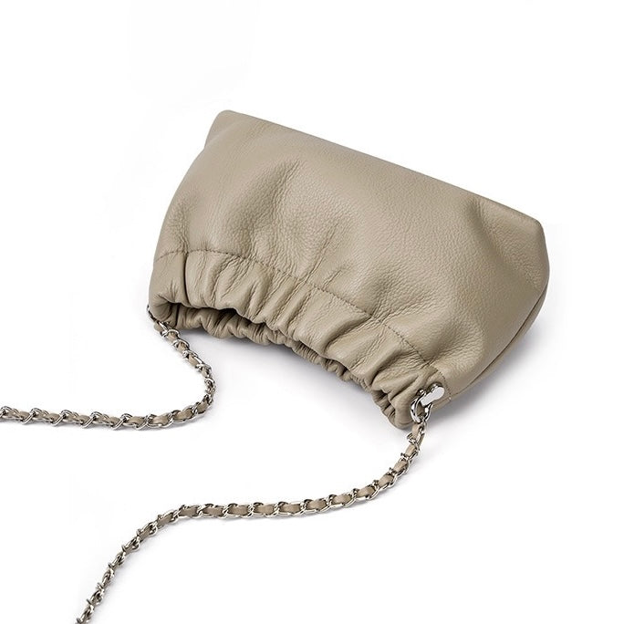 Luxury Cloud Pleated Genuine Leather Shoulder Bag with Golden Ball Chain