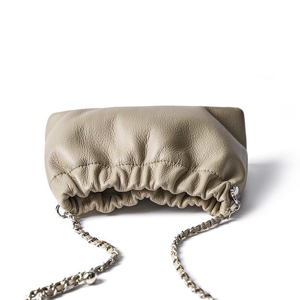 Luxury Cloud Pleated Genuine Leather Shoulder Bag with Golden Ball Chain