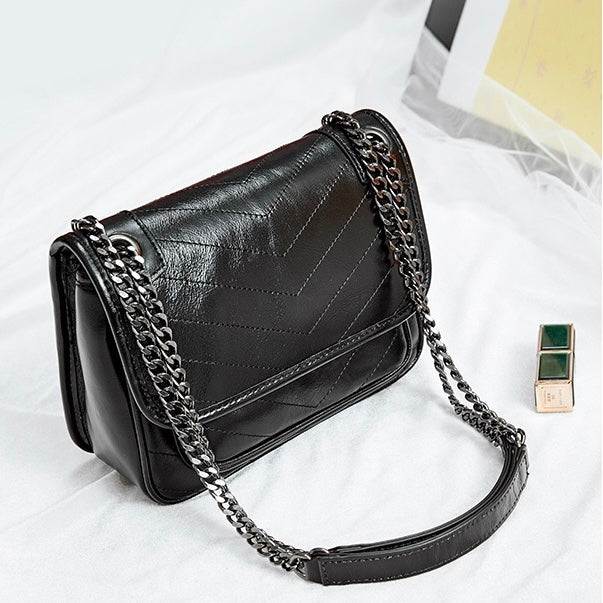 Chic Genuine Leather Chain Detail Large Capacity Messenger Bag