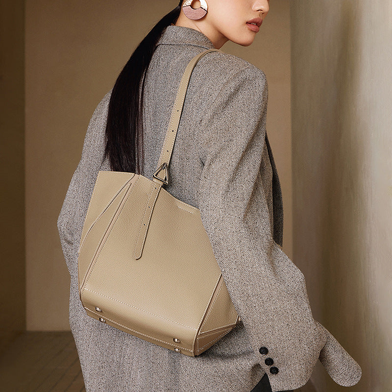 Elegant Camel Textured Leather Shoulder Tote