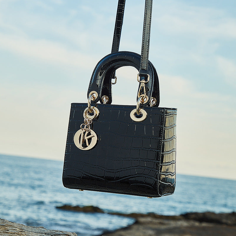 Croc-Embossed Genuine Leather Top-Handle Bag in Creamy White and Black