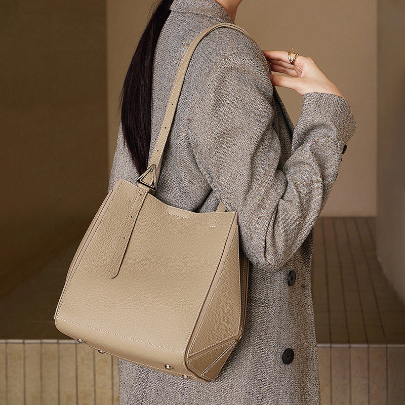 Elegant Camel Textured Leather Shoulder Tote