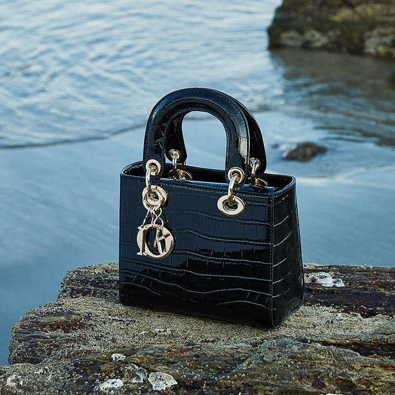 Croc-Embossed Genuine Leather Top-Handle Bag in Creamy White and Black