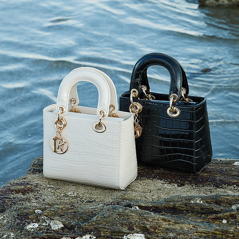 Croc-Embossed Genuine Leather Top-Handle Bag in Creamy White and Black