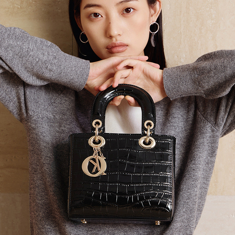 Croc-Embossed Genuine Leather Top-Handle Bag in Creamy White and Black