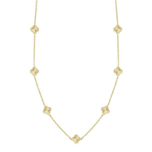 Gold Clover Necklace Aurelia - Seven Sunburst Clover Charms on 14K Gold Plated Sterling Silver, 40cm+5cm Velanci