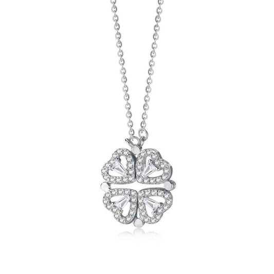 Sterling Silver Four-Heart Magnet Necklace Francesca - Dual Wear, 39cm+5cm Chain, Rhodium Plating Velanci