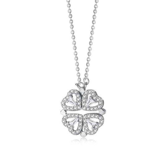 Sterling Silver Four-Heart Magnet Necklace Francesca - Dual Wear, 39cm+5cm Chain, Rhodium Plating Velanci