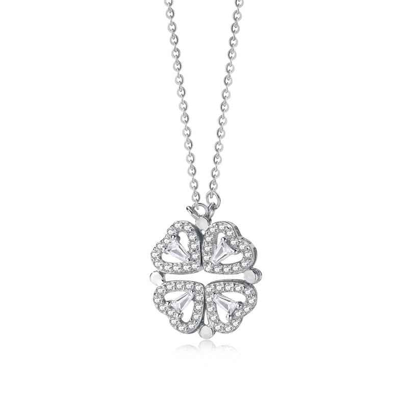 Sterling Silver Four-Heart Magnet Necklace Francesca - Dual Wear, 39cm+5cm Chain, Rhodium Plating Velanci