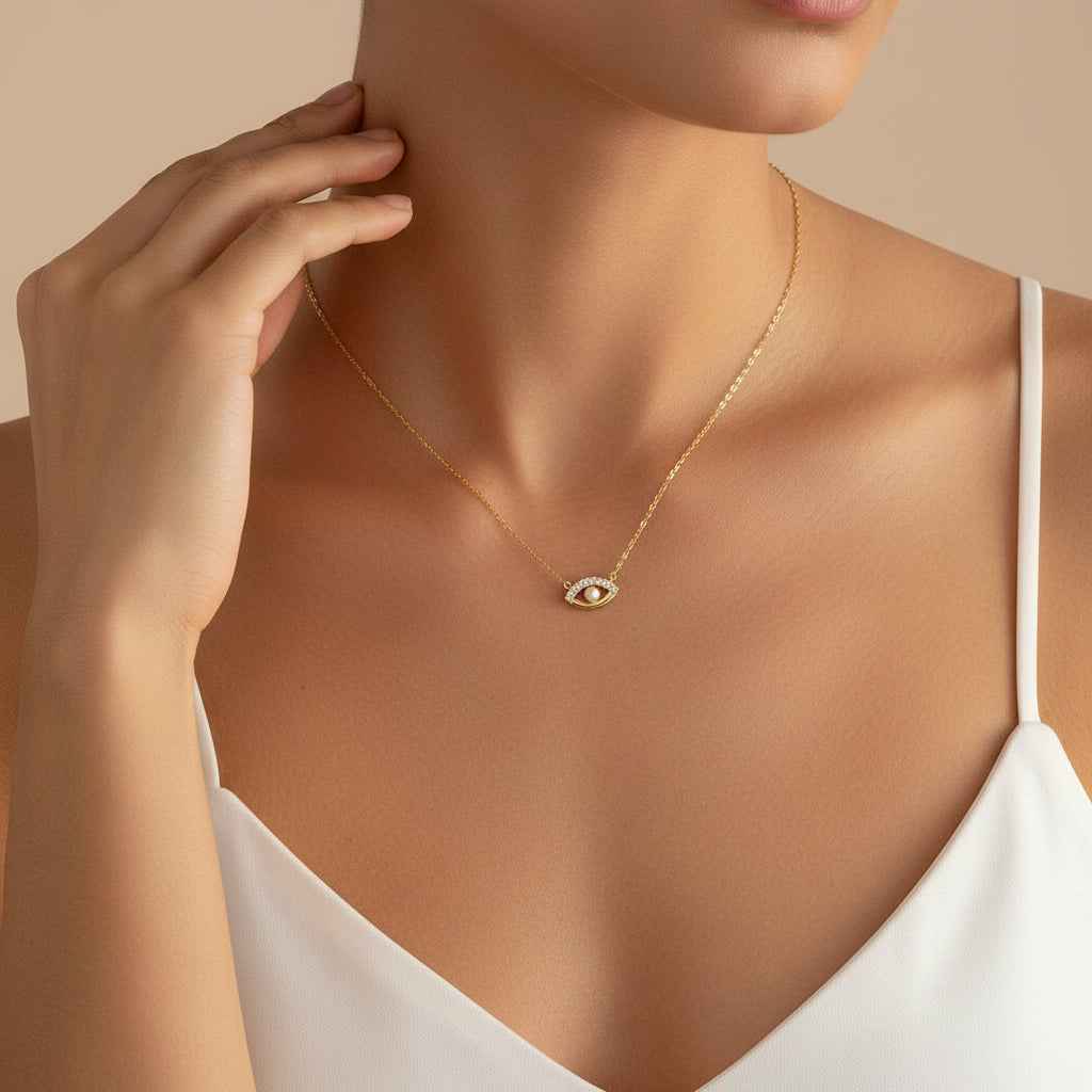 Luminous Eye Necklace Giovanna - Pearl Accent, CZ Pavé, 16-18in Adjustable Chain, 925 Silver, Optional 18K Gold Finish Velanci