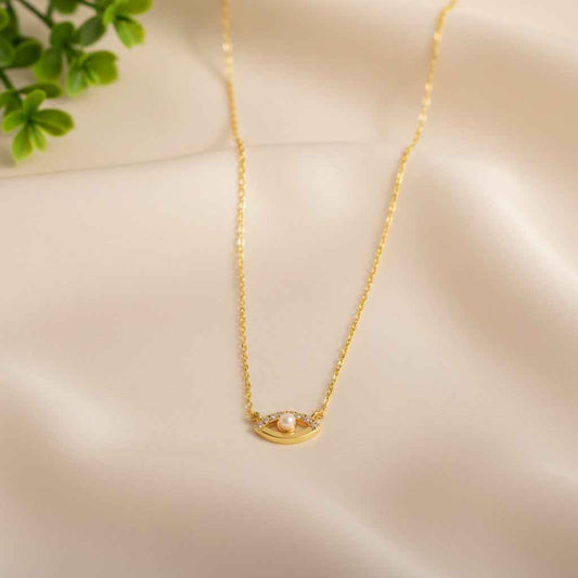 Luminous Eye Necklace Giovanna - Pearl Accent, CZ Pavé, 16-18in Adjustable Chain, 925 Silver, Optional 18K Gold Finish Velanci