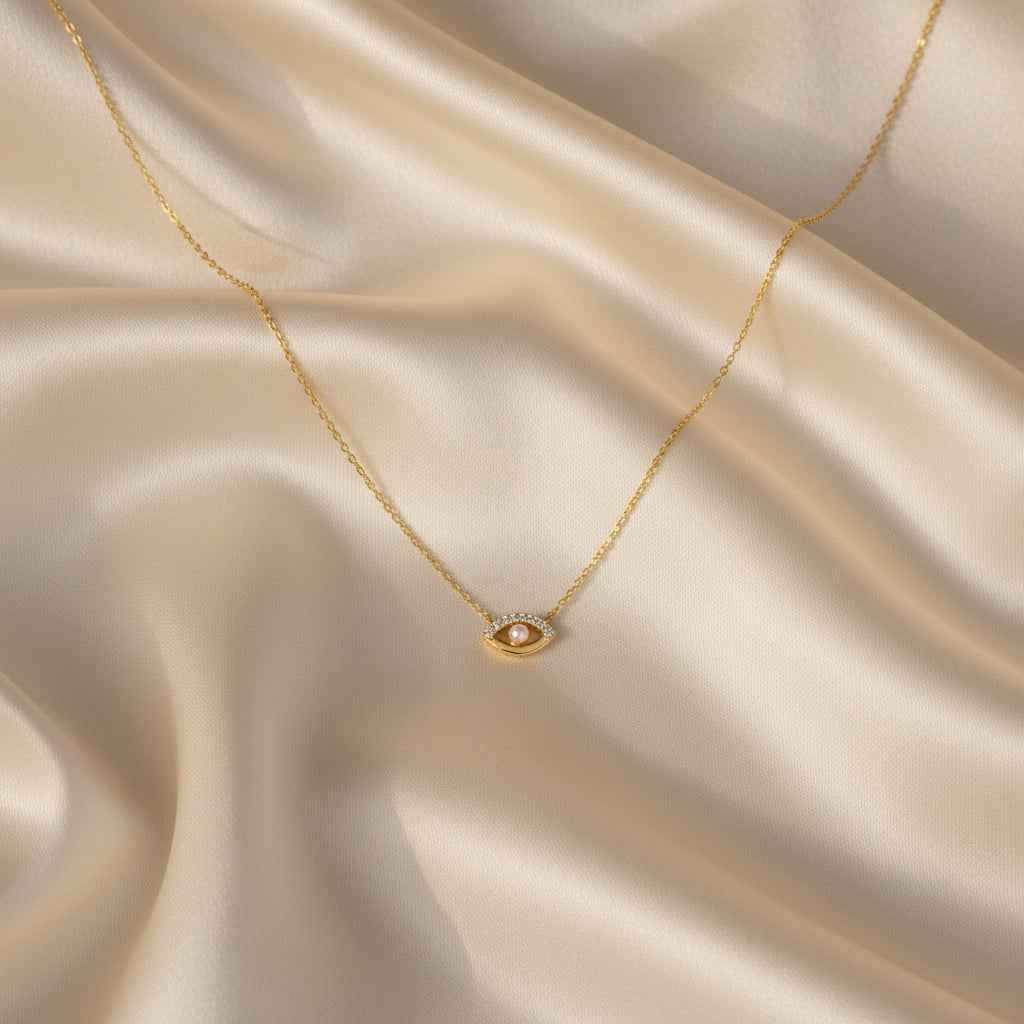 Luminous Eye Necklace Giovanna - Pearl Accent, CZ Pavé, 16-18in Adjustable Chain, 925 Silver, Optional 18K Gold Finish Velanci