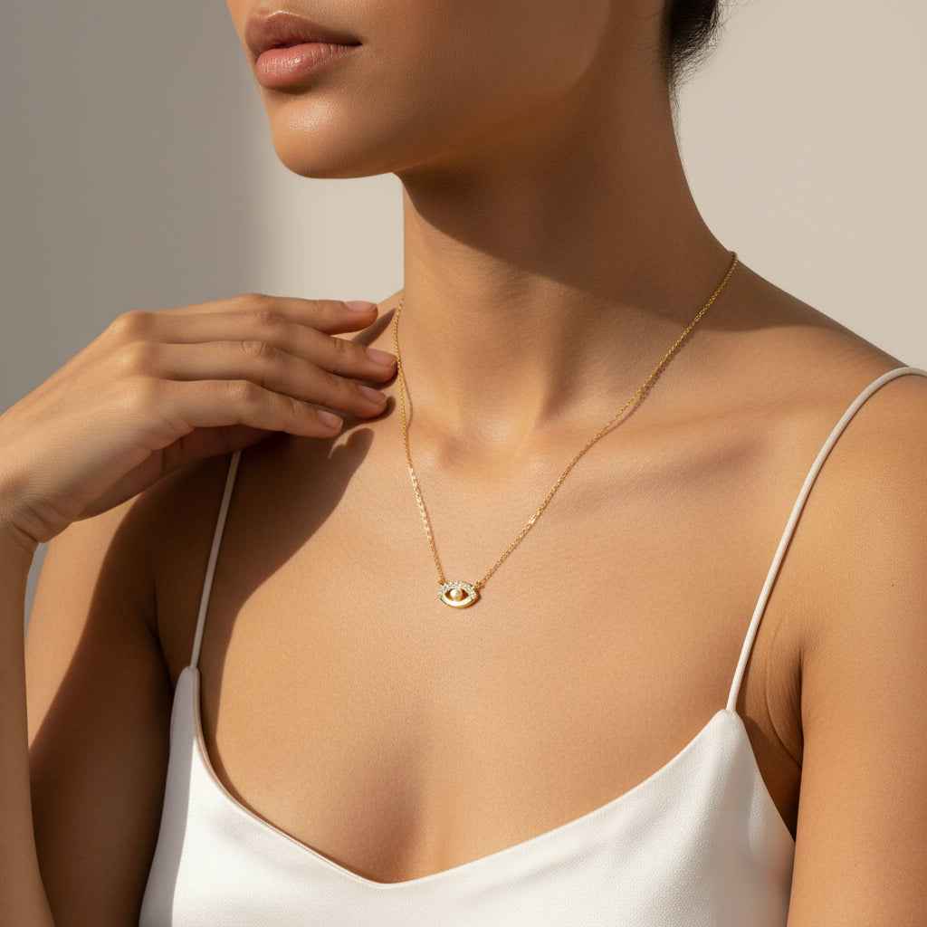 Luminous Eye Necklace Giovanna - Pearl Accent, CZ Pavé, 16-18in Adjustable Chain, 925 Silver, Optional 18K Gold Finish Velanci