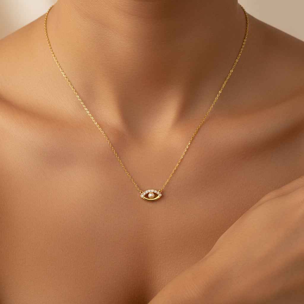 Luminous Eye Necklace Giovanna - Pearl Accent, CZ Pavé, 16-18in Adjustable Chain, 925 Silver, Optional 18K Gold Finish Velanci