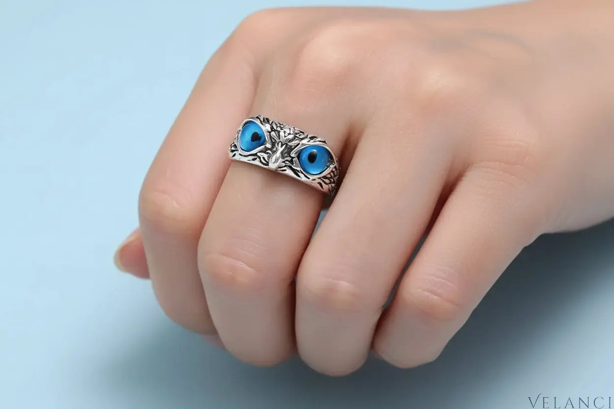 Owl Eyes Alloy Ring Sofia - Womens Ring With Blue Resin Eyes Women's Ring Velanci