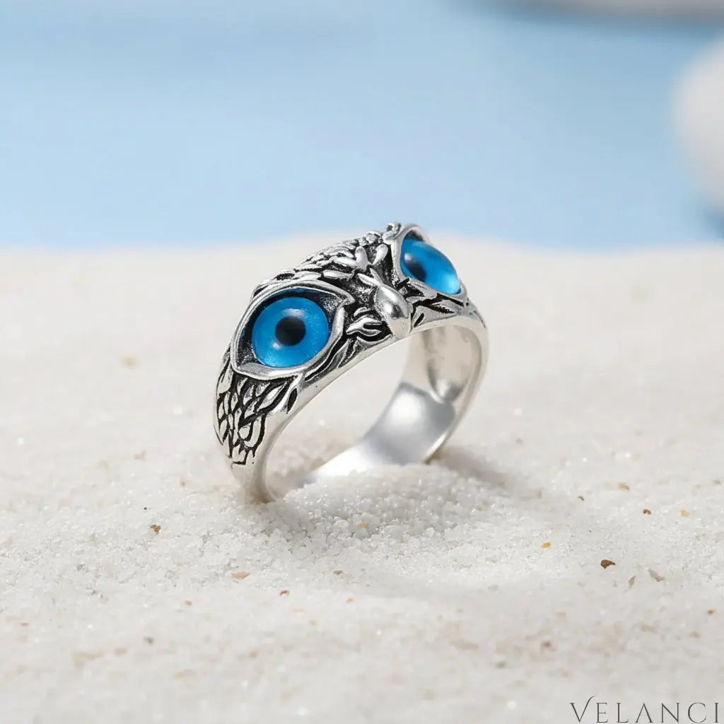 Owl Eyes Alloy Ring Sofia - Womens Ring With Blue Resin Eyes Women's Ring Velanci