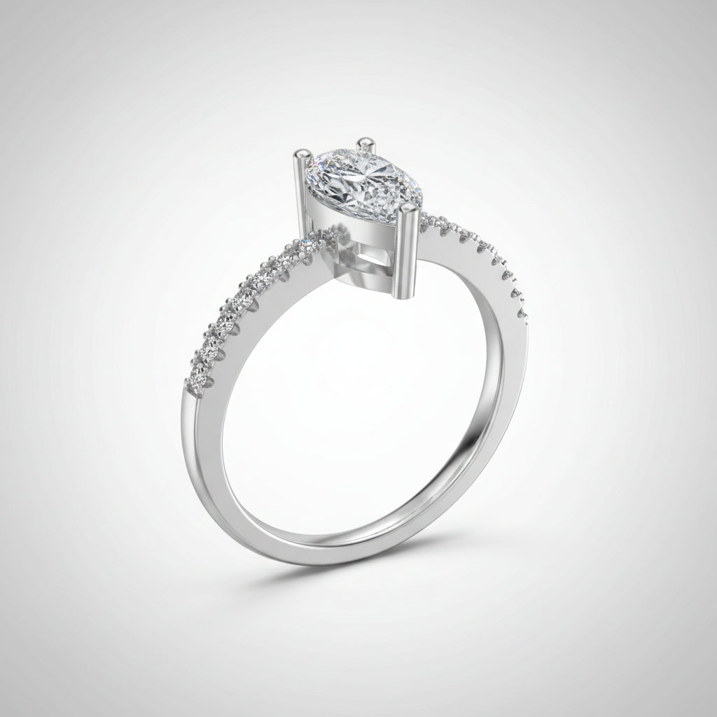 Diamond ring with a central gemstone and smaller stones on a white background