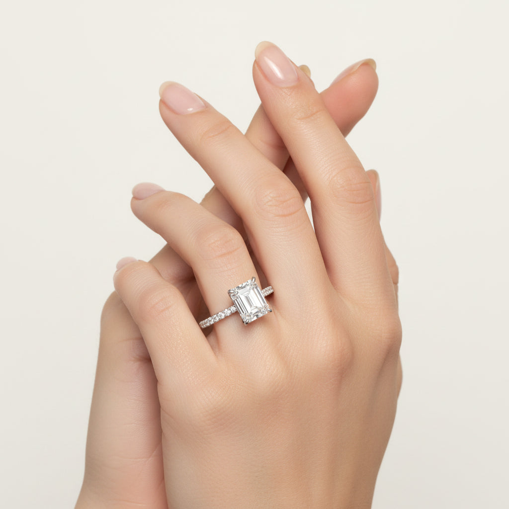 Ring Alessia - Womens Ring Emerald Cut Sterling Silver 3.9ct Center Stone Slender 1.9mm Band Daily Elegance Velanci