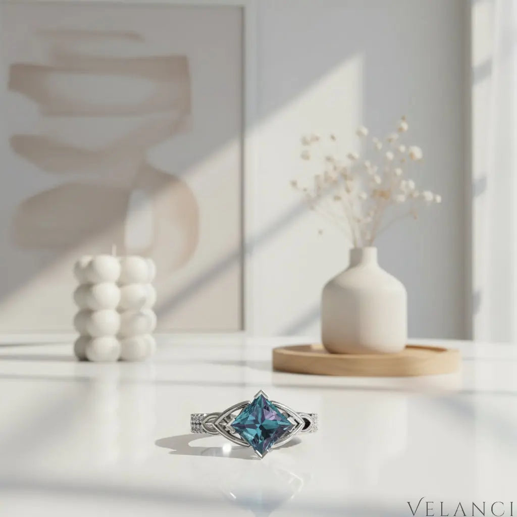 Silver ring with a large blue gemstone on a white background