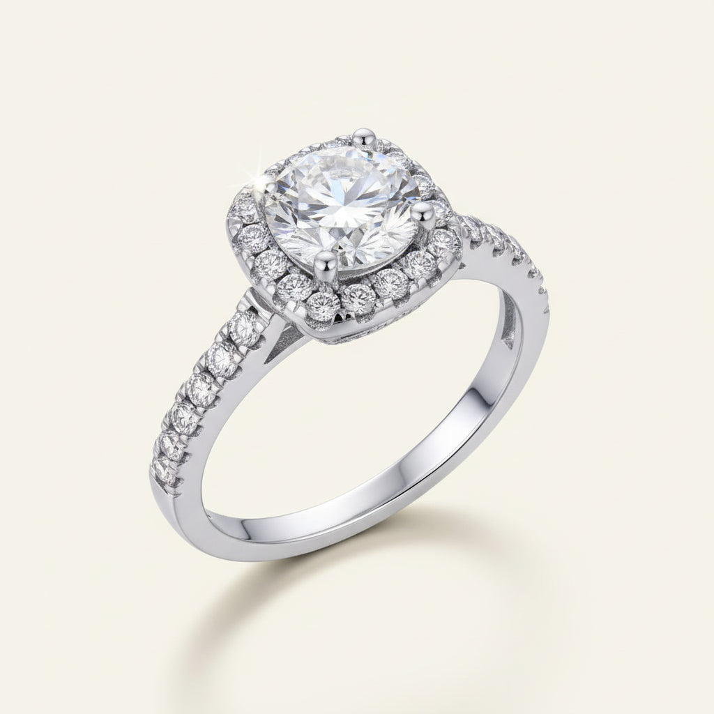 [Ring Giada] - CZ Halo Ring, Sterling Silver with Half-Paved Band, 5A Cubic Zirconia, Womens Ring Velanci