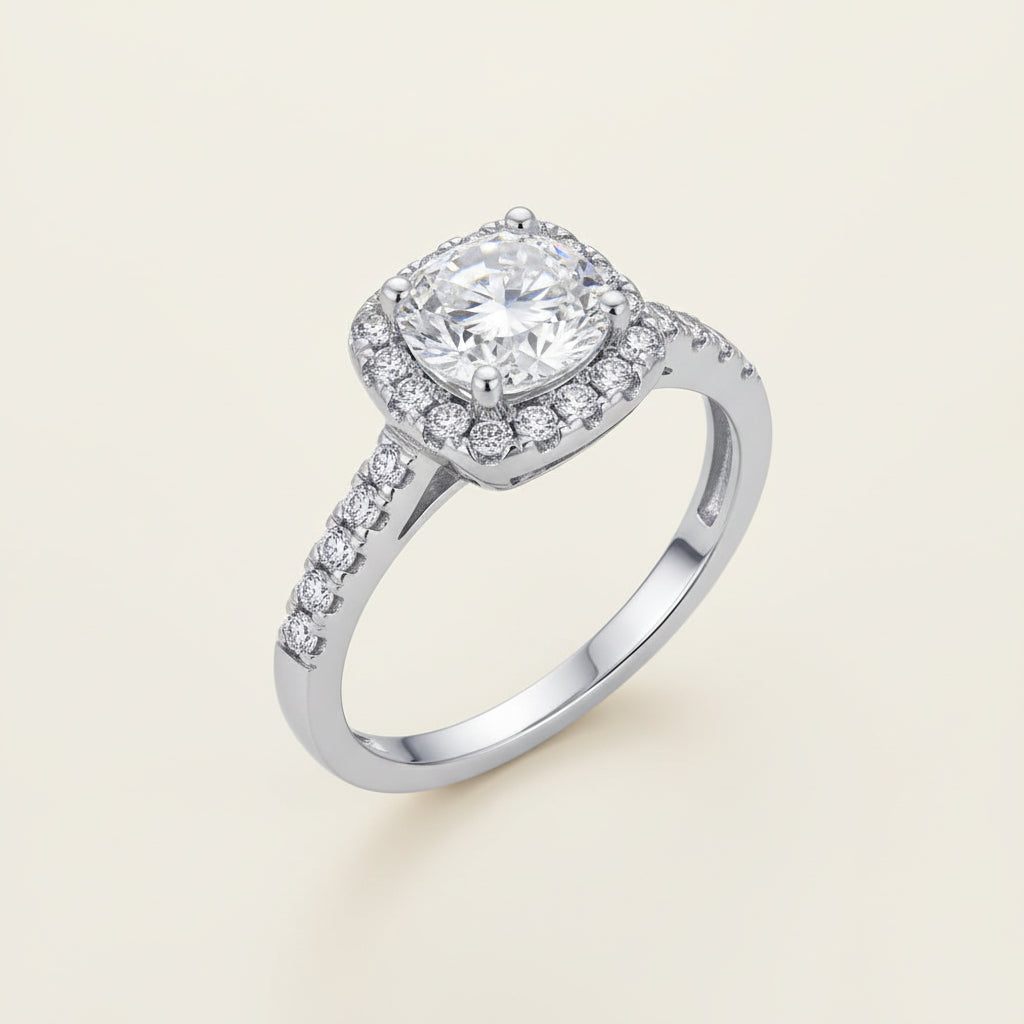[Ring Giada] - CZ Halo Ring, Sterling Silver with Half-Paved Band, 5A Cubic Zirconia, Womens Ring Velanci