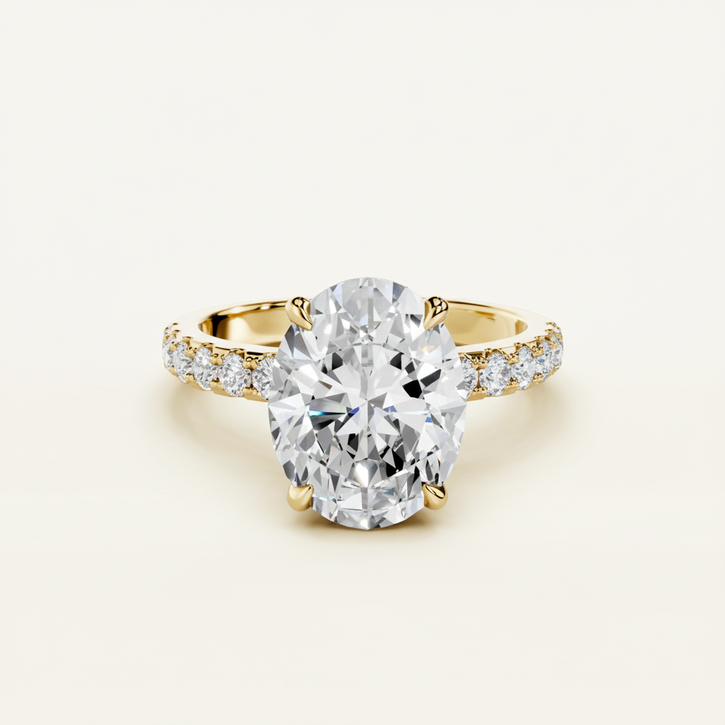 Womens Ring Giulia - Oval-Cut CZ Center Stone 8x10mm, 2.4 Ct, 18K Gold-Finish Over Silver, Pave Band Velanci