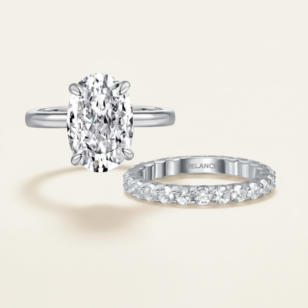 Ring Set Livia - CZ Duo In 925 Sterling Silver, Womens Ring Set With 3mm Aurelia Band And CZ Eternity Velanci