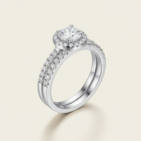 Womens Ring Sterling Silver Halo Wedding Set Bianca - 1 Ct Center Stone Halo With CZ Band Velanci