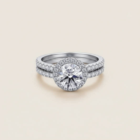 Womens Ring Sterling Silver Halo Wedding Set Bianca - 1 Ct Center Stone Halo With CZ Band Velanci