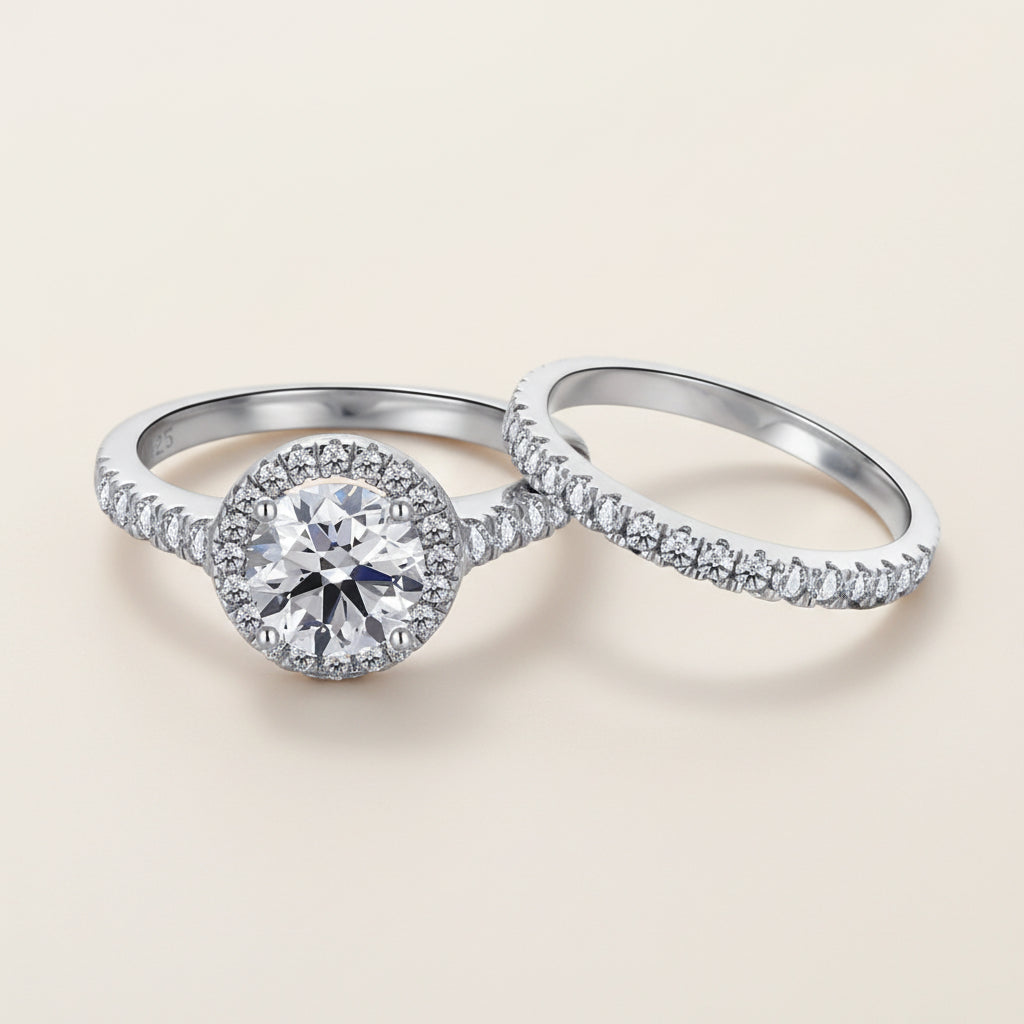Womens Ring Sterling Silver Halo Wedding Set Bianca - 1 Ct Center Stone Halo With CZ Band Velanci