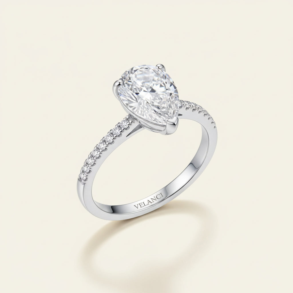 Sterling Silver Ring Camilla - Womens Ring With Pear-Cut CZ Center Stone Rhodium Plated Velanci