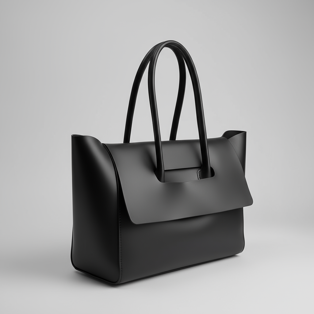 Black handbag on a black surface with a blurred background