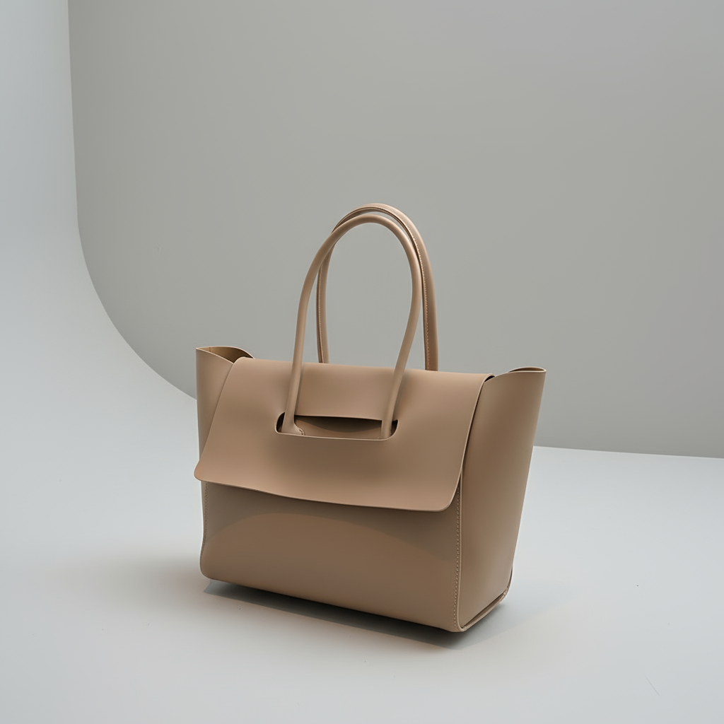 Beige handbag on a reflective surface with a blurred background