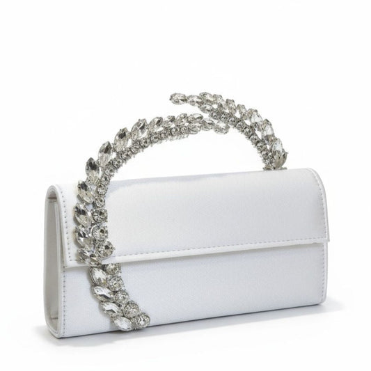 White handbag with a decorative chain on a white background