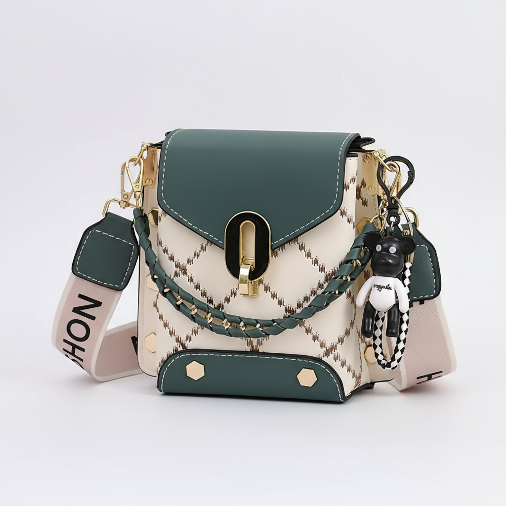 Green and beige handbag with a keychain and strap on a wooden surface