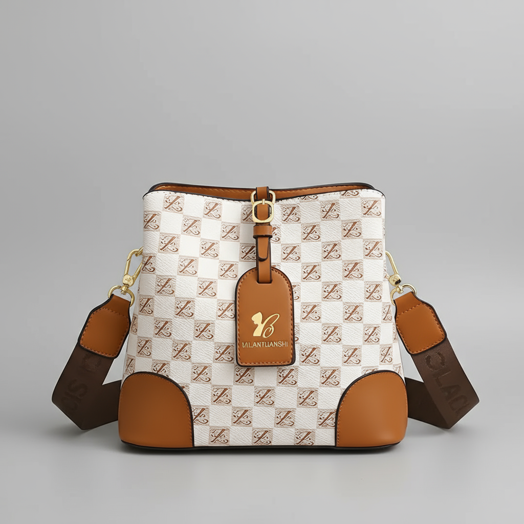 Designer handbag with checkered pattern and visible brand logo on a matching background
