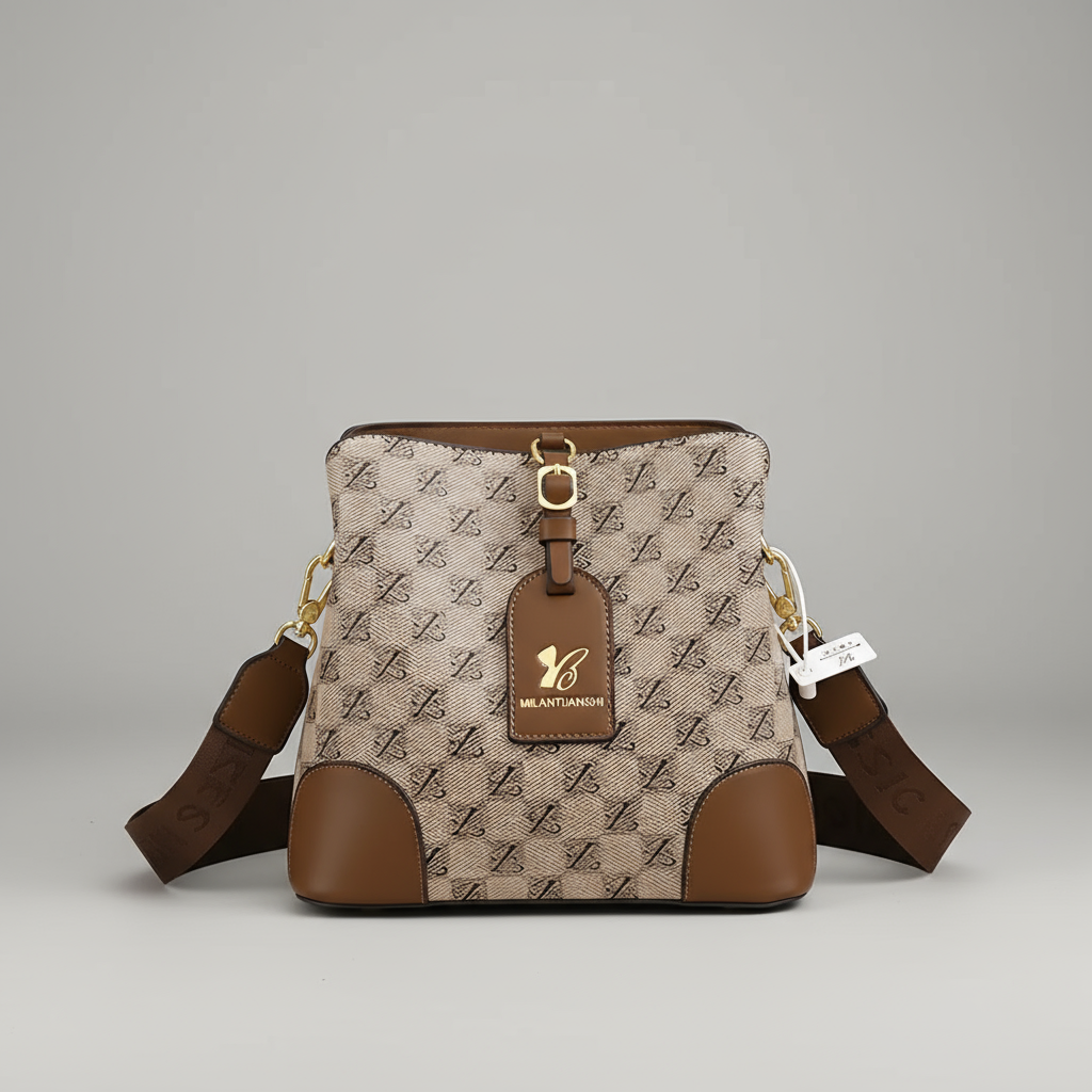 Patterned handbag with brown accents on an orange box